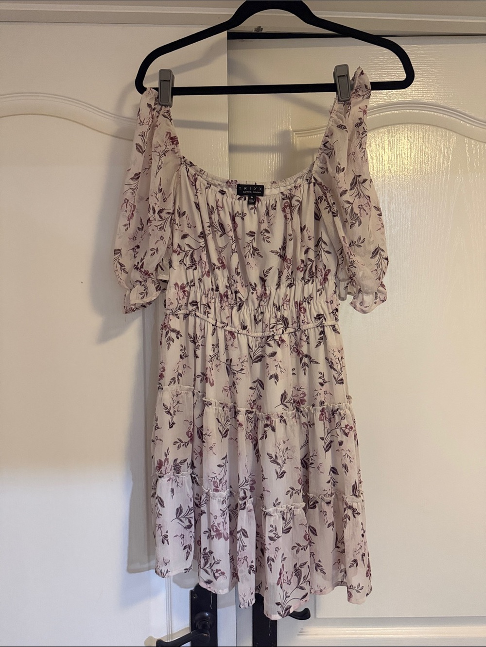 Trixx Off-Shoulder Tiered Mini Dress with Mauve Floral